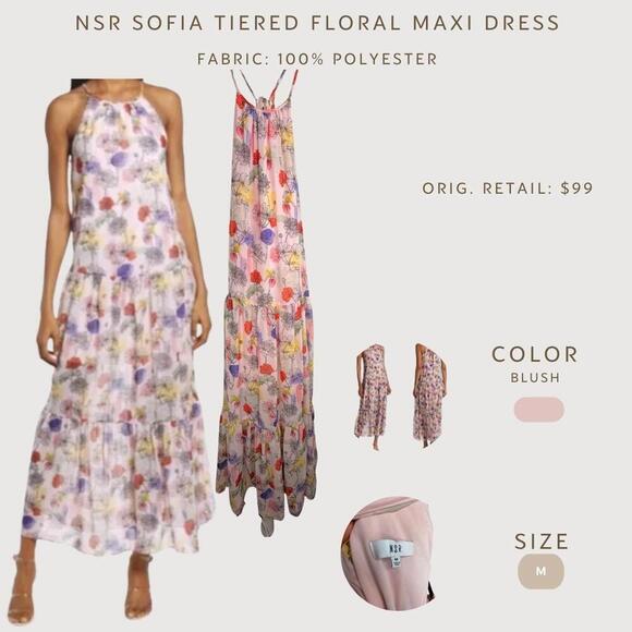 NSR Dresses & Skirts - NSR Sofia Tiered Floral Maxi Dress M Blush Pastel Halter Cottagecore Spring